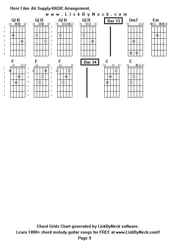 Chord Grids Chart of chord melody fingerstyle guitar song-Here I Am- Air Supply-BASIC Arrangement,generated by LickByNeck software.